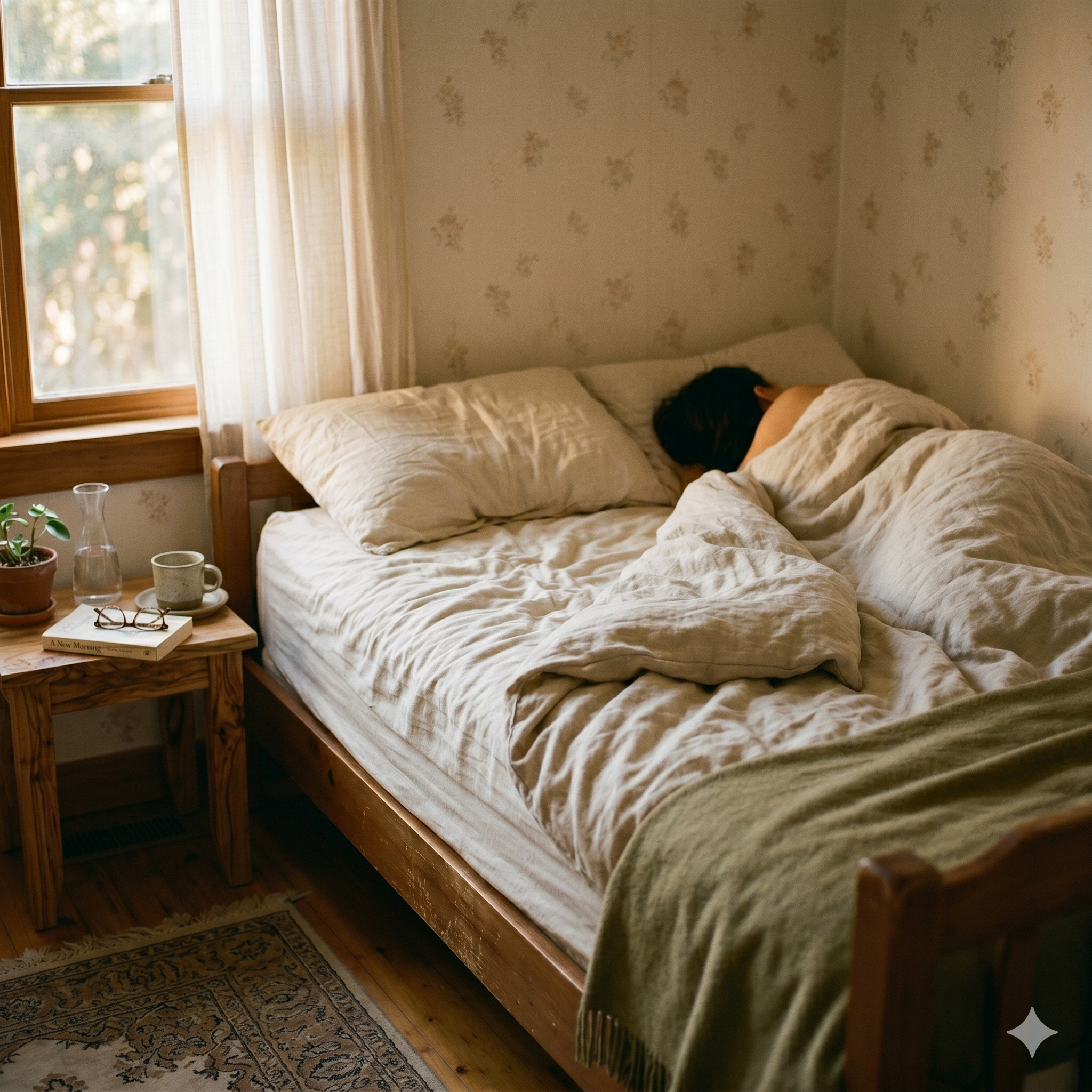 A calm bedroom scene representing quieter sleep after snoring treatment